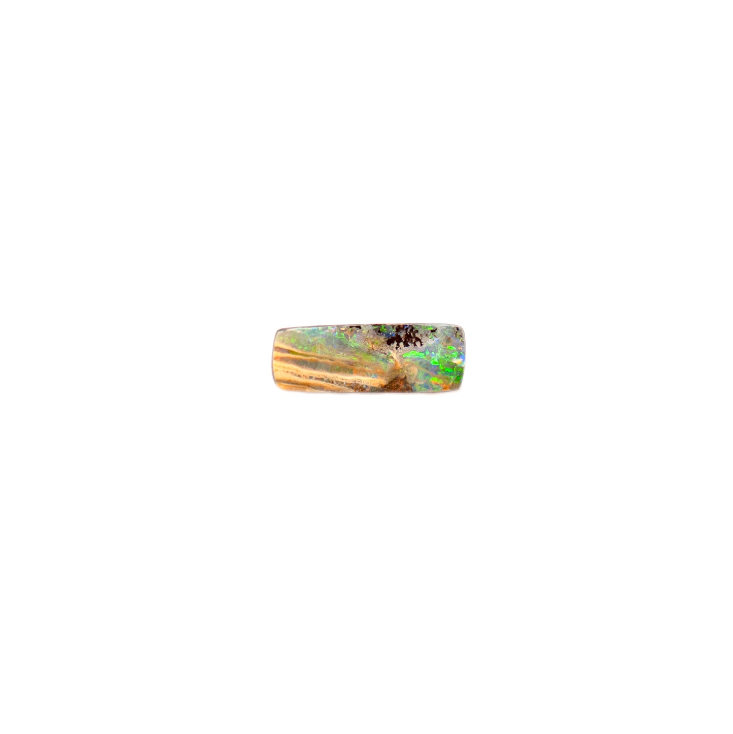 2.03ct Queensland Boulder Opal with an elegant rectangle cut, showcasing vibrant bright green hues, fiery red flashes, and subtle blues on a natural undulating surface. | Opalist