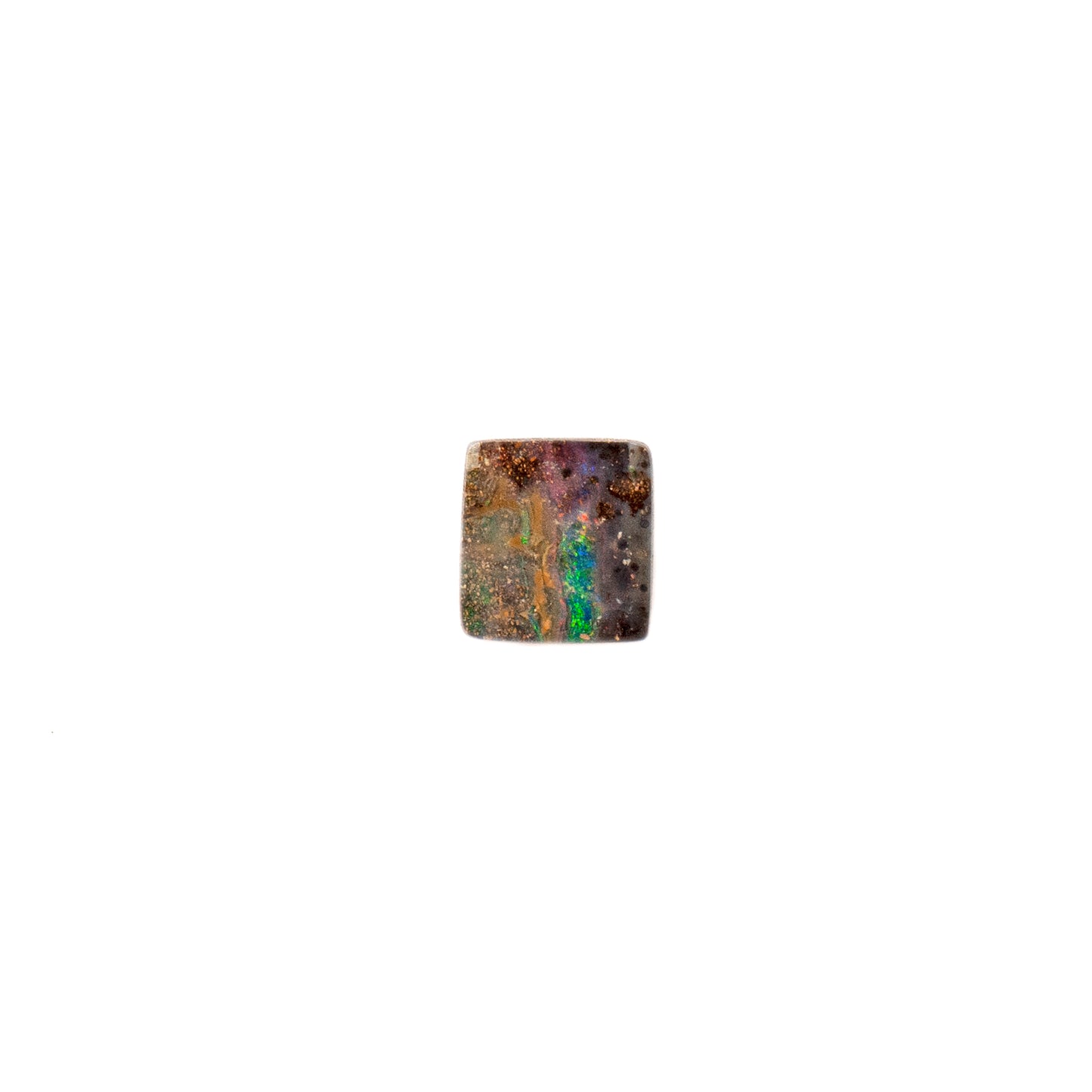 Square-cut 4.17ct Queensland Boulder Opal showing a natural ironstone base and vibrant color band of green, accented by flashes of red and orange | Opalist
