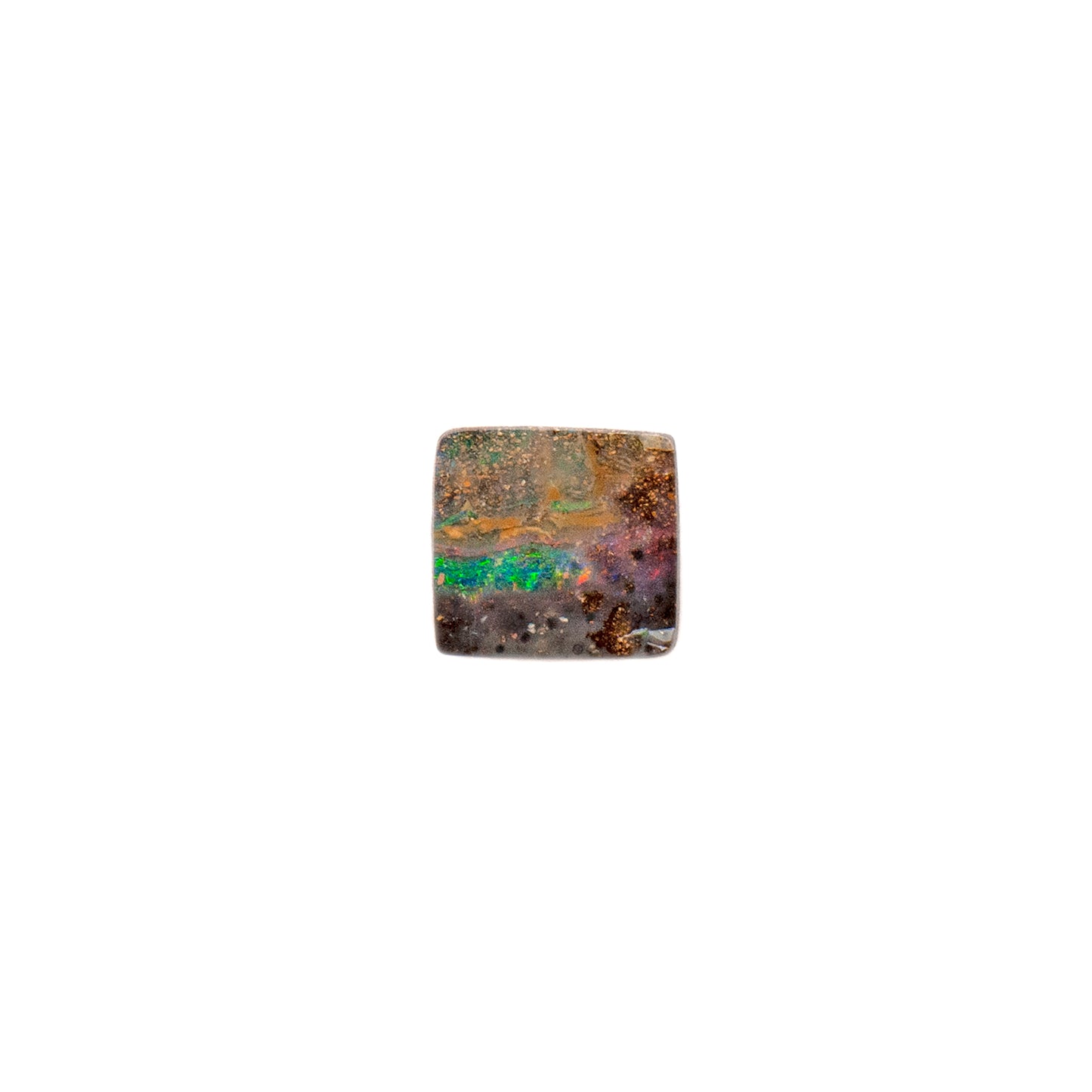 Square-cut 4.17ct Queensland Boulder Opal showing a natural ironstone base and vibrant color band of green, accented by flashes of red and orange | Opalist