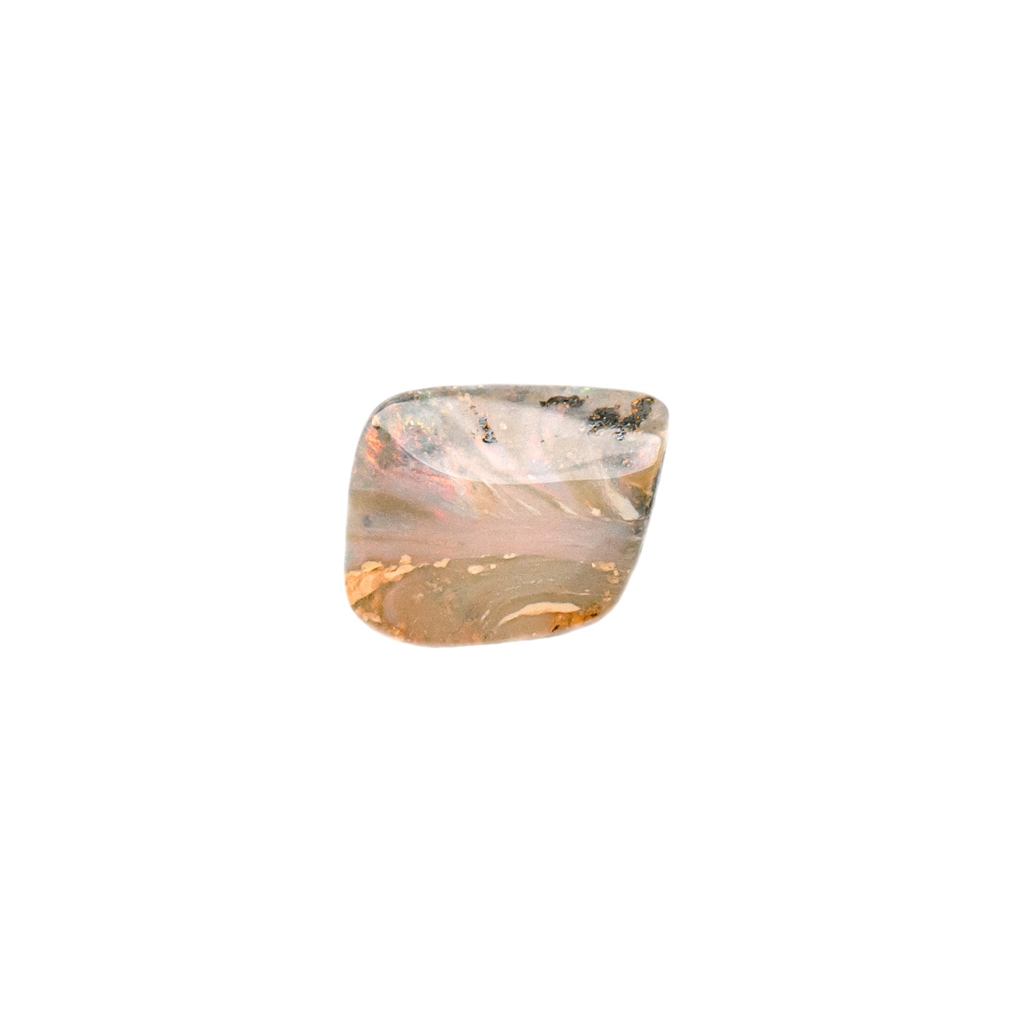 10.38ct Queensland Boulder Opal with a unique free-form undulating surface, showcasing rich red hues and a subtle hint of blue set against a serene milky opal backdrop. | Opalist