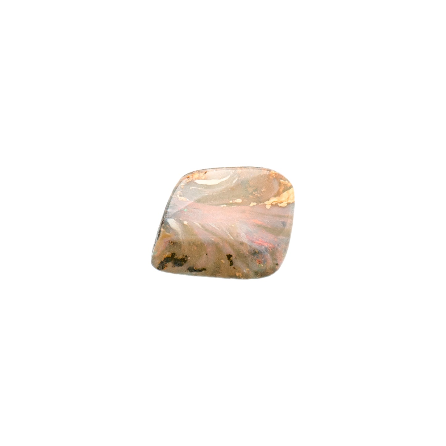 10.38ct Queensland Boulder Opal with a unique free-form undulating surface, showcasing rich red hues and a subtle hint of blue set against a serene milky opal backdrop. | Opalist