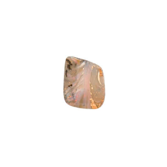 10.38ct Queensland Boulder Opal with a unique free-form undulating surface, showcasing rich red hues and a subtle hint of blue set against a serene milky opal backdrop. | Opalist