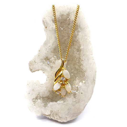 Gold plated sterling silver white opal pendant with cubic zirconia 