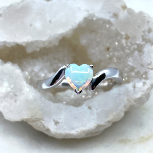 Sterling Silver White Opal Heart Ring