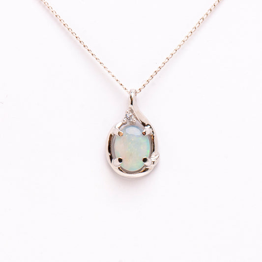 Sterling Silver Solid White Opal Pendant with Cubic Zirconia - Opalist