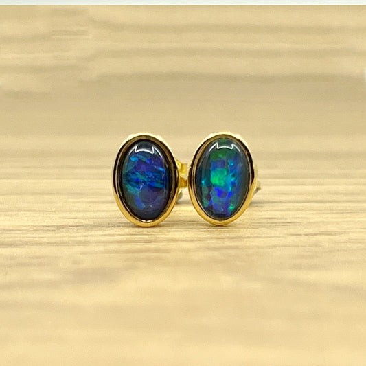 Gold Plated Triplet Opal Stud Earrings with Greens and Blues